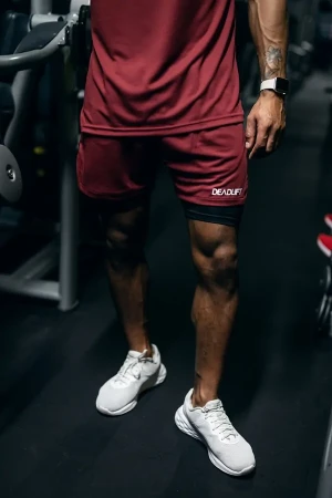 Spodenki treningowe męskie 2w1 DEADLIFT bordowo czarne