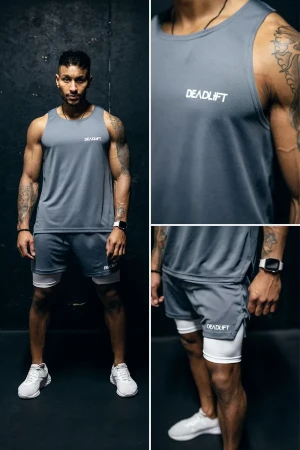 Zestaw sportowy męski DEADLIFT bokserka + spodenki 2w1 szary