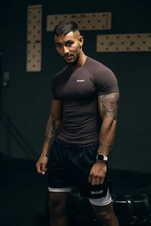 Koszulka treningowa rashguard bezszwowa męska CHOCOLATE BROWN