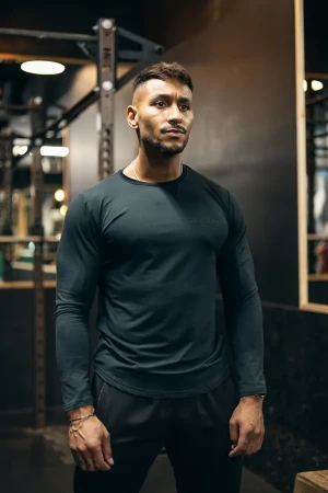 Longsleeve męski z kontrastową lamówką DEADLIFT butelkowa zieleń