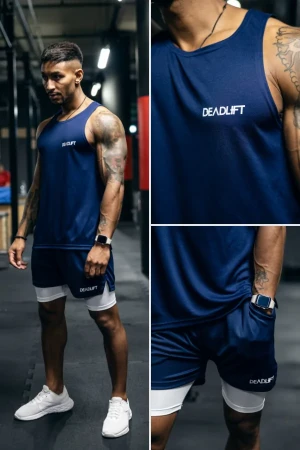 Zestaw treningowy męski DEADLIFT bokserka + spodenki 2w1 granat