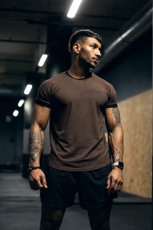 T-shirt męski z kontrastową lamówką DEADLIFT brąz