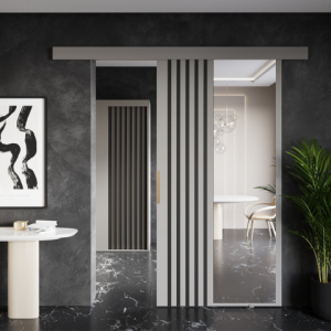 Drzwi przesuwne naścienne z lamelami i lustrem RIVI