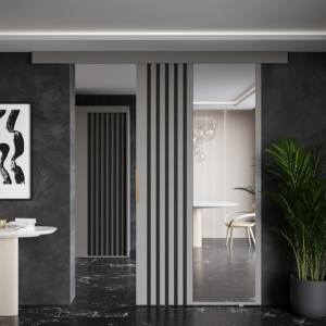 Drzwi przesuwne sufitowe z lamelami i lustrem RIVI