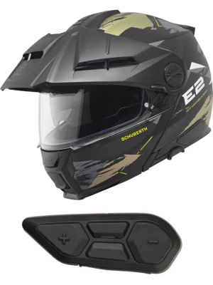 Zestaw: Kask szczękowy Schuberth E2 Trail czarno-zielony połysk + dedykowany interkom motocyklowy