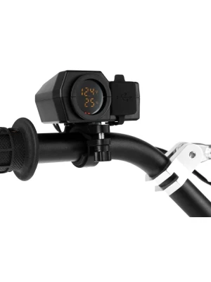 Podwójne gniazdo USB (Typ C PD + QC3.0) z woltomierzem i wyświetlaczem temperatury Biketec mocowane na kierownicy czarne