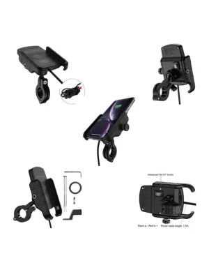 Uchwyt motocyklowy na telefon Biketec z ładowarką indukcyjną, montowany na kierownicę/ lusterko czarny [Typ: R9W-METAL]