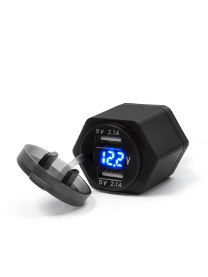 Gniazdo USB z woltomierzem i złączem DIN ISO 4165 Biketec mocowane do kierownicy czarne
