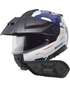 Zestaw: kask szczękowy Schuberth E2 Atlas biało-niebieski + dedykowany interkom motocyklowy