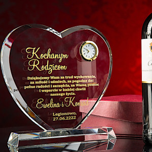Grawerowana statuetka kryształ serce z zegarkiem etui prezent na 1-99 rocznica rocznicę ślubu jubileusz urodziny ślub dla mam taty rodziców dziadków b