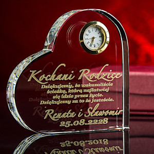 Kryształowa statuetka SERCE z zegarkiem oraz etui + złocenie podziękowania dla rodziców prezent na jubileusz 18 20 25 30 35 40 45 50 55 60 65 70 75 80