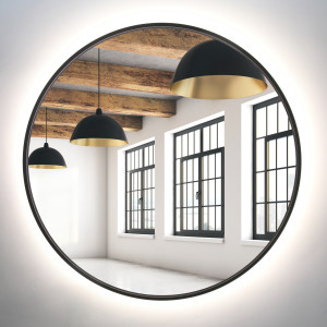 Lustro okrągłe 80cm czarne rama MDF LED