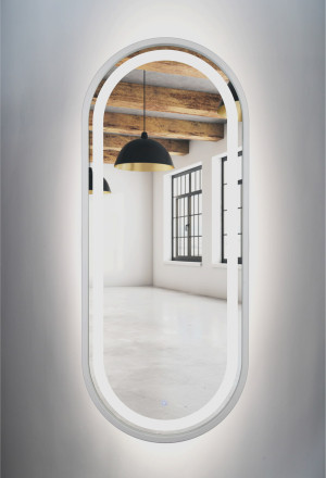 Lustro owalne srebrne rama MDF LED z piaskowaniem 50x85cm