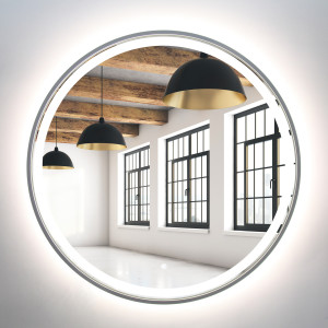 Lustro okrągłe 100cm srebrne rama MDF LED z piaskowaniem