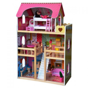 Puppenhaus aus Holz  LENA Puppenhaus Puppenstube Puppenmöbel Puppenvilla Spielzeughaus Beleuchtung, H=90 cm, 3 Ebenen, 16 Accessoires