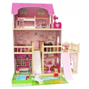 SONIA -  Traumhaus - Puppenvilla -  Puppenhaus  mit Terrasse und Pool im Garten - Spielzeug für Kinderzimmer und Schlafzimmer, für Mädchen