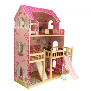 INGA - Puppenvilla - Holzpuppenhaus mit Terrasse mit Möbel , Kinder Spielzeug für Kinderzimmer und Schlafzimmer für Mädchen