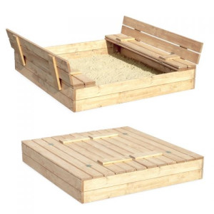 Sandkasten Natur Sandbox Klappdeckel Sitzbänken 120x120 Holz