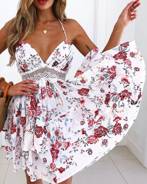 Vestido sin espalda con estampado floral de encaje de ganchillo halter