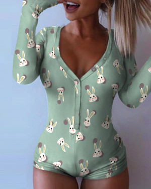 Mameluco con cuello de pico y estampado animal de manga larga