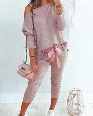 Conjunto de top y pantalón con diseño de bowknot de un hombro sólido
