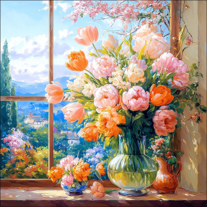 Haft Diamentowy - Kwiaty przy Oknie