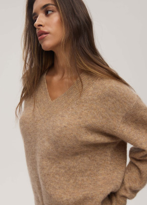 Sweter oversize damski z dekoltem V z mieszanką wełny i moheru