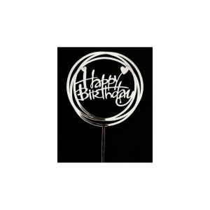 Topper okrągły Happy Birthday Srebrny akrylowy 7168