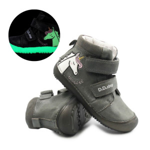 DD Step Buty Dziewczęce Na Wiosnę z Jednorożcem Świecące w Ciemności BAREFOOT DD STEP A063-52815M Dark Grey