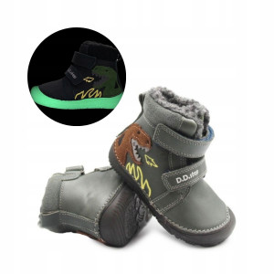 Chłopięce Buty Zimowe Barefoot z Dinozaurem Świecące w Ciemności D.D.STEP W073-52943AT Emerald