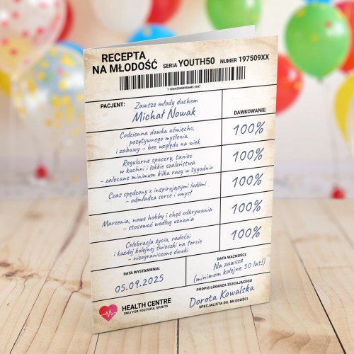 Kartka urodzinowa na 50-tkę dla niego - Recepta na młodość