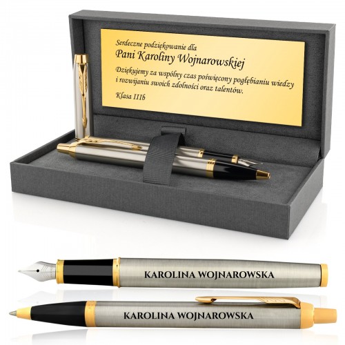Długopis i Pióro wieczne Parker IM Brushed Metal GT w drewnianym etui z personalizacją