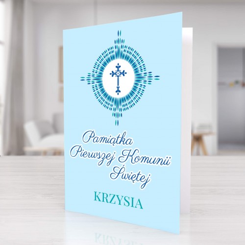 Kartka na komunię z personalizacją - Hostia z Krzyżem