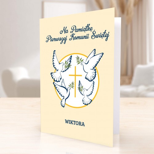Kartka na komunię z życzeniami - Białe Gołębie