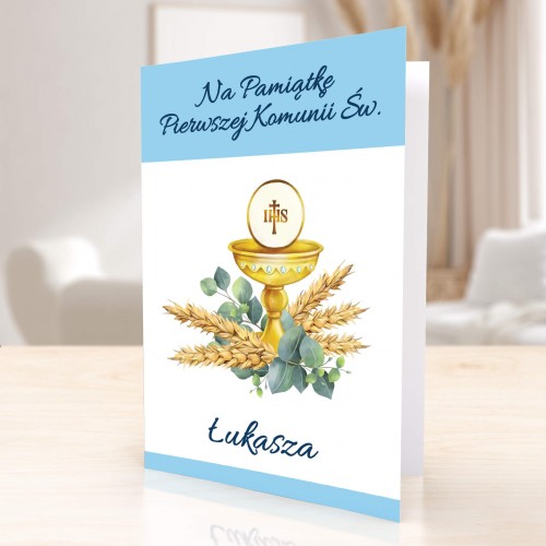 Kartka z życzeniami na komunię - Kielich z Kłosami Zbóż