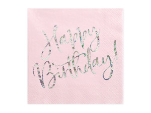 20szt Serwetki Happy Birthday, jasny pudrowy róż,
