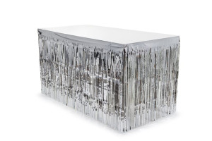 Skirting foliowy z frędzlami, srebrny, 300x80cm
