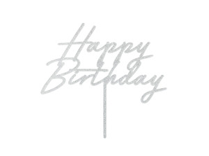 Topper akrylowy na tort Happy Birthday 18x16,5 cm srebrny brokatowy