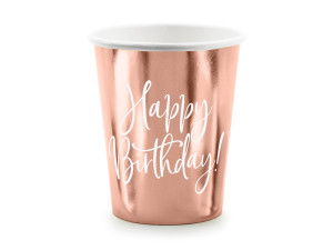 6szt Kubeczki Happy Birthday!, różowe złoto, 260ml