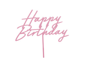 Topper akrylowy na tort Happy Birthday, jasny róż,