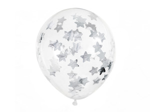 6szt Balony z konfetti - gwiazdki, 30cm, srebrny