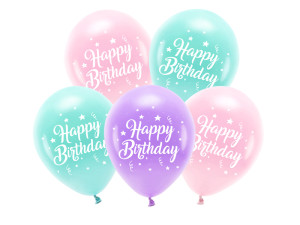5szt Balony Eco 26 cm, Happy Birthday, różowy
