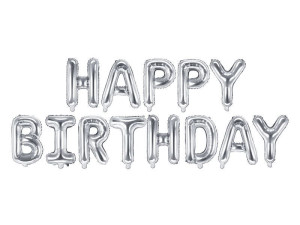 napis z balonów foliowych Happy Birthday