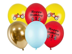 6szt Balony 30cm Happy Birthday "1" z wyścigówką