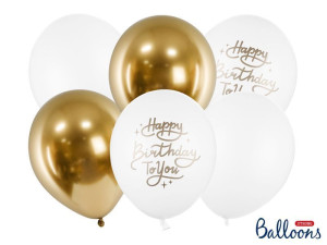 6szt balony 30cm Happy Birthday To You biało-złote