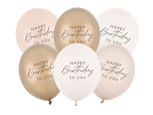 6szt Balony 30 cm, Happy Birthday, mix beżowy