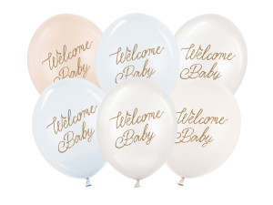 6szt Balony 30 cm, Welcome Baby, mix niebieski