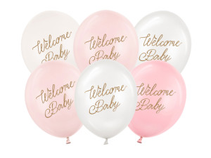 6szt Balony 30 cm, Welcome Baby, mix różowy