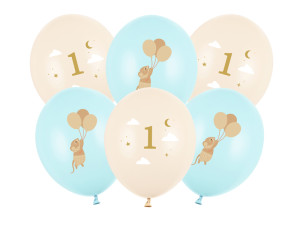 6szt Balony 30 cm, Myszki z cyferką 1, Light Blue