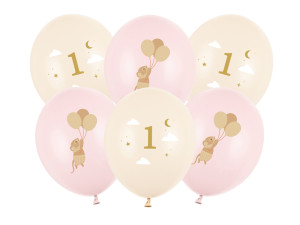 6szt Balony 30 cm, Myszki z cyferką 1, Pale Pink